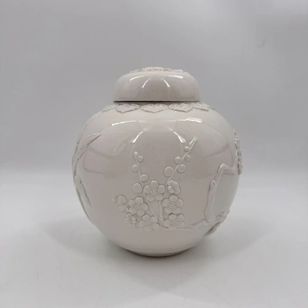 White Relief Porcelain Ginger Jar Rooster Floral Botanical Blanc de Chine